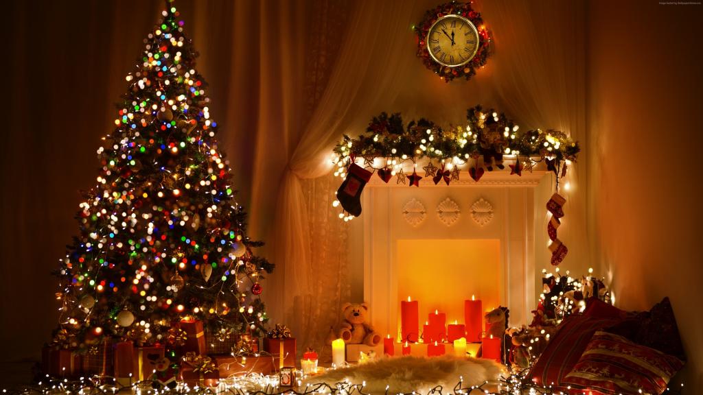 圣诞节,新年,玩具,枞树,壁炉,装饰,4k（水平）