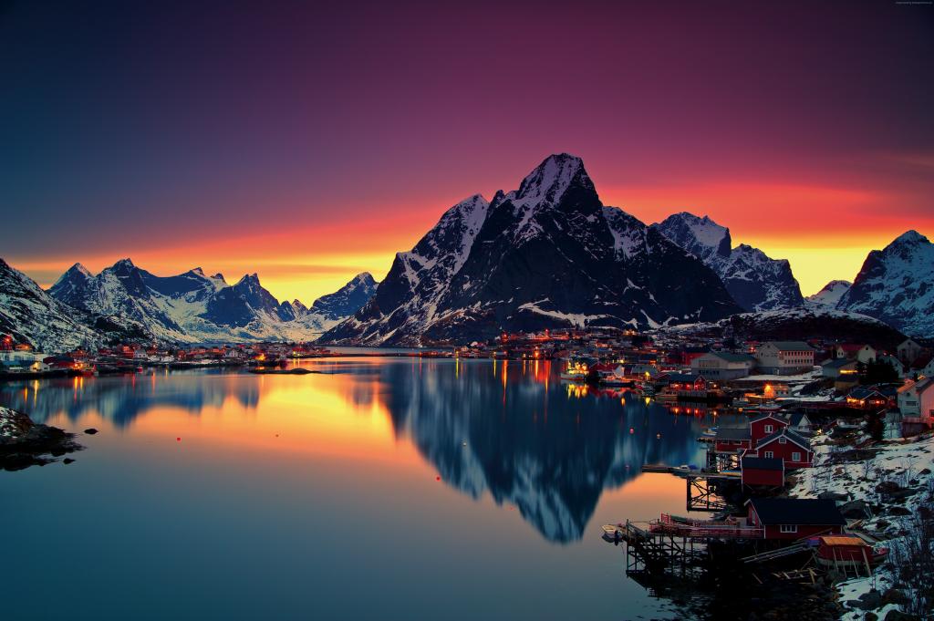 挪威,罗弗敦群岛,山,海,日出,5k（水平）