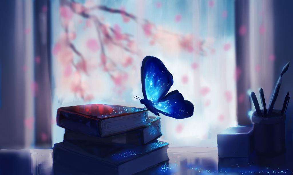 蓝色,蝴蝶,书籍,幻想,4K