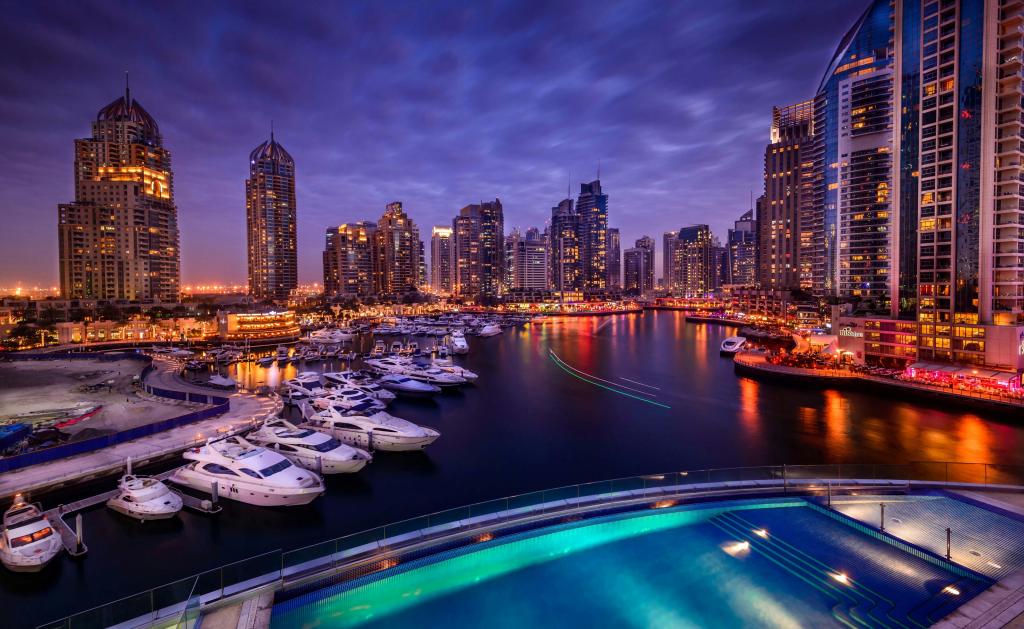 迪拜码头,运河城市,夜景,4K