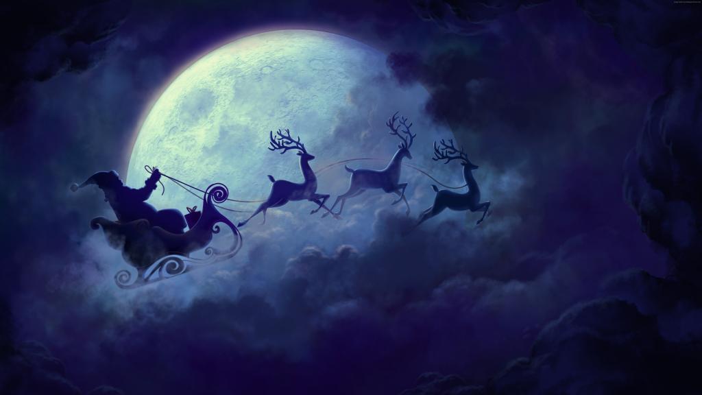鹿,圣诞老人,月亮,云,圣诞节（水平）
