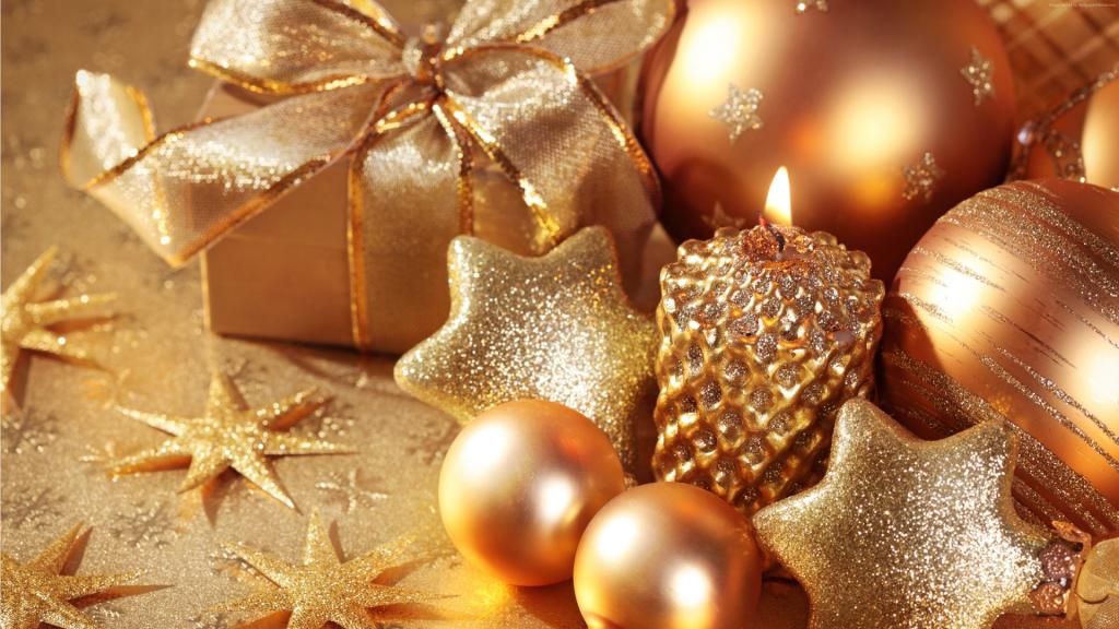 圣诞节,新年,明星,蜡烛,礼物,球,黄金,装饰（水平）