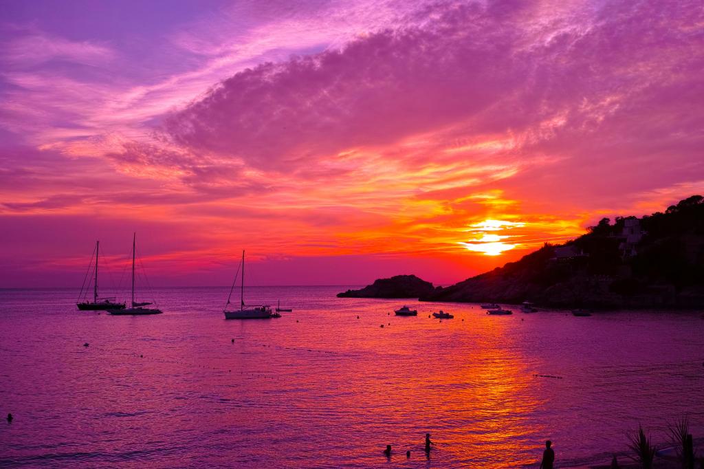 日落,紫罗兰色,海滩,海岸,4 k