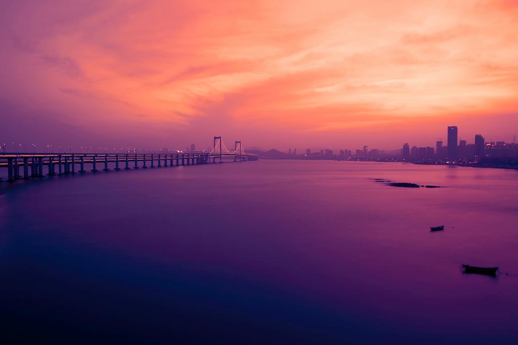中国大连星海湾大桥,暮光之城,日落,5K
