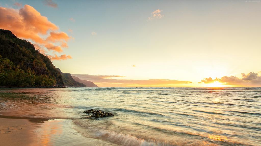 夏威夷4k,高清壁纸,可儿海滩,岛,考艾岛,天空,海,海洋,水,日落,日出,岩石,太阳,云（水平）